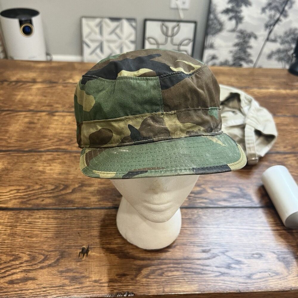 VTG US Military Issue Cap Woodland Camo BDU ARMY Hot Weather Hat Fitted Sz 7 1/2